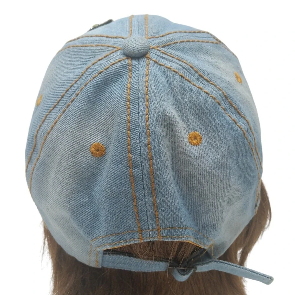 Women's Distressed Hat Blue Western Rhinestones Cross Accent Adjustable‎